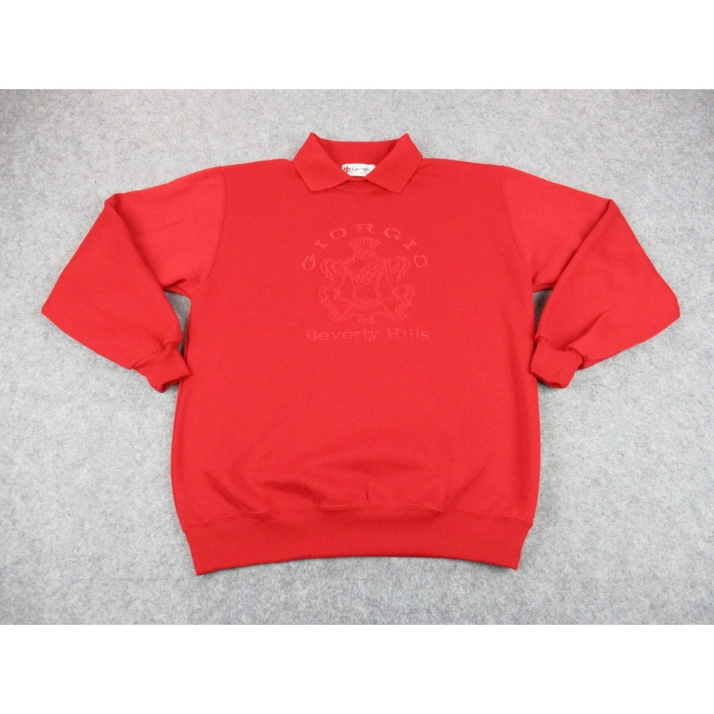 VINTAGE Giorgio Beverly Hills Sweater Mens Large Red Collared Horse Embroidery